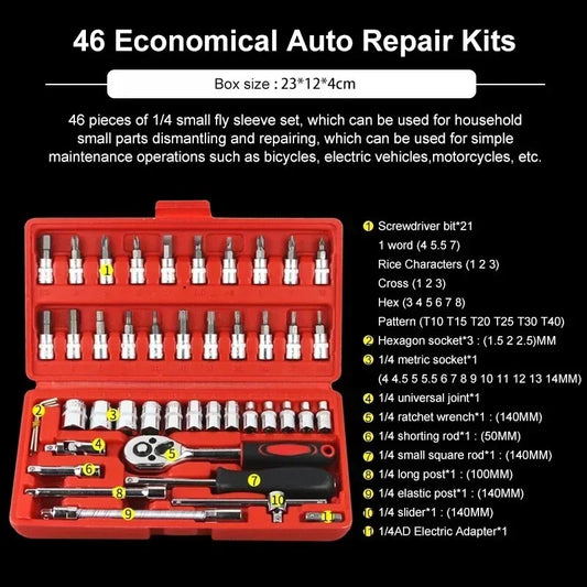 46 Piece/Set of Car Repair Tool Kit 1/4-Inch Socket Set Car Repair Tool Ratchet Torque Wrench Combo Auto Repairing Tool Set